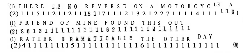 Graphic from Prediction and Entropy of Printed English by Claude Shannon, 1950, showing the number of guesses it took humans to guess the correct next character in a sentence, including spaces. This research led to the development of perplexity as a metric.